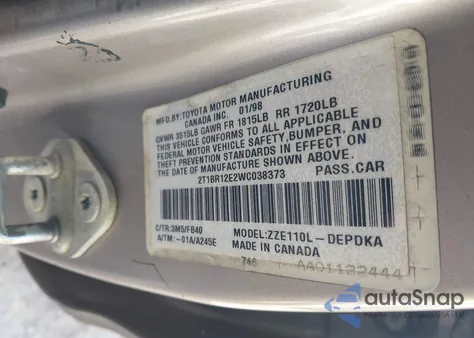 1998 Toyota Corolla Ce из США, поврежденный, VIN 2T1BR12E2WC038373